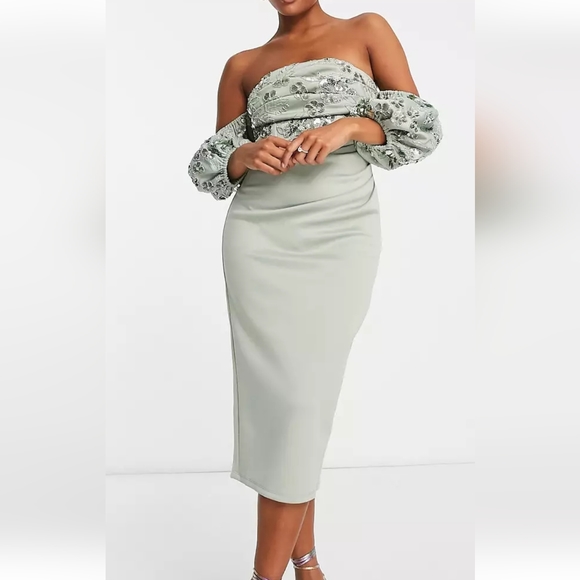 ASOS Dresses & Skirts - Asos design bardot puff midi dress with floral embellishment in sage, size 4
